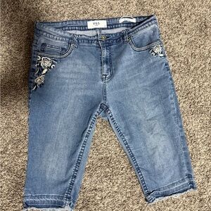VGS Jeans, Women's 14, Blue, Denim, Capri, Straight High Rise Embroidered Floral
